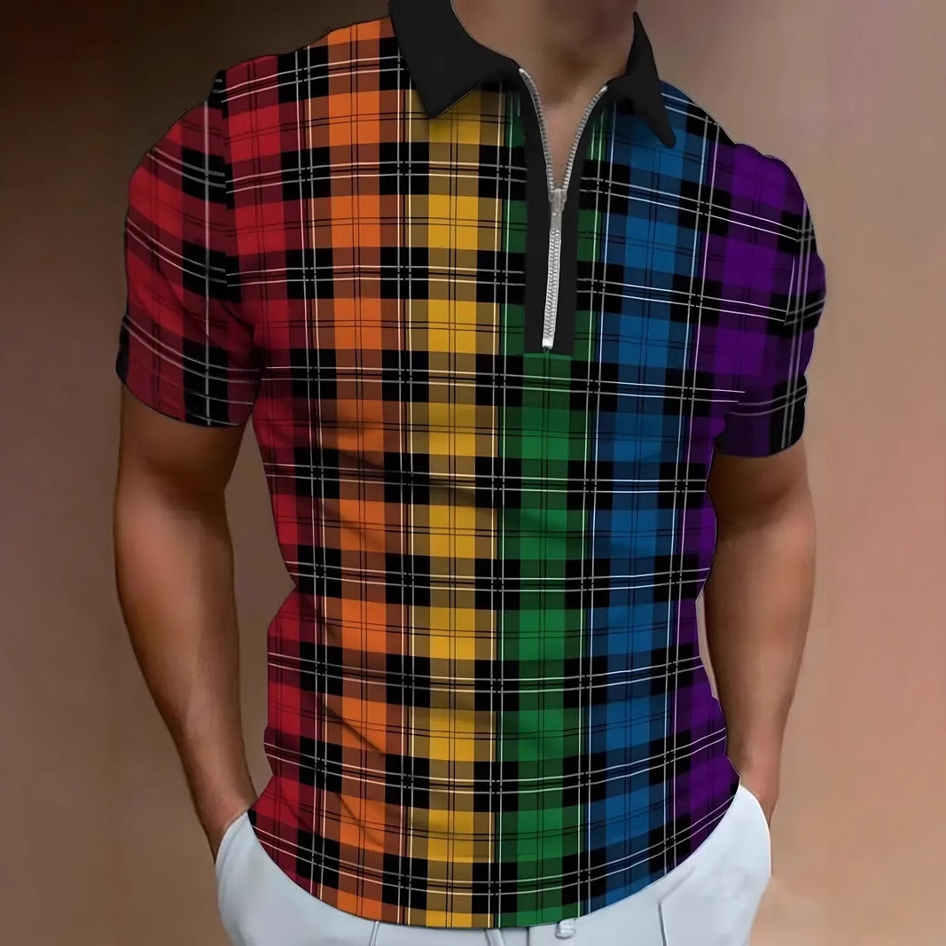Camisa POLO de manga corta con cremallera de solapa suelta casual de todo fósforo para hombre con estampado 3D cuadrado de color retro clásico simple