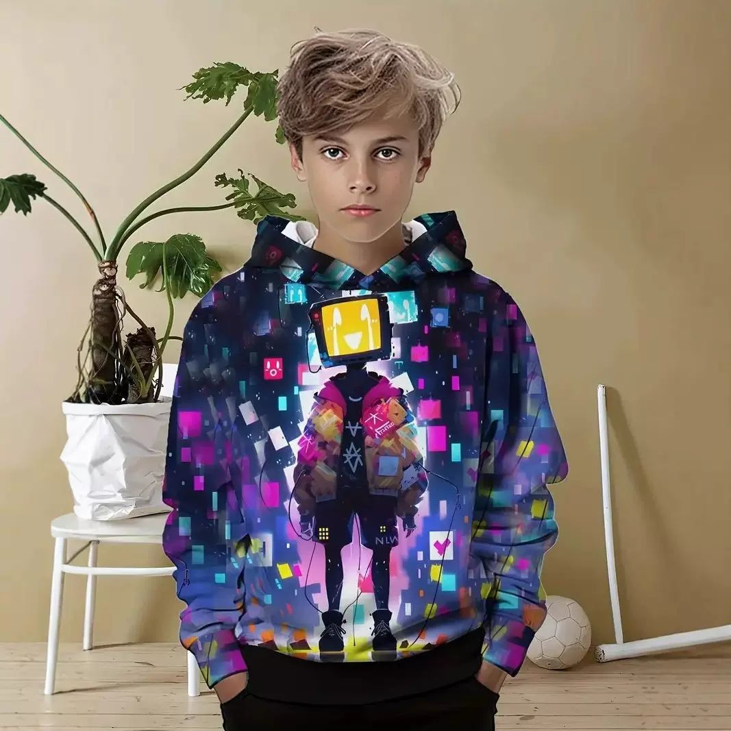 temu跨境欧美新款时尚印花长袖连帽衫3D数码打印男童休闲宽松卫衣