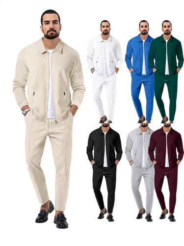 Men's casual sports suit autumn green zipper waffle pocket lapel slim coat casual pants