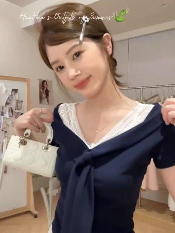 フェイクツーピースレーススプライシングVネック右肩半袖Tシャツレディース夏スリムフィットシック韓国風ショートトップ|undefined