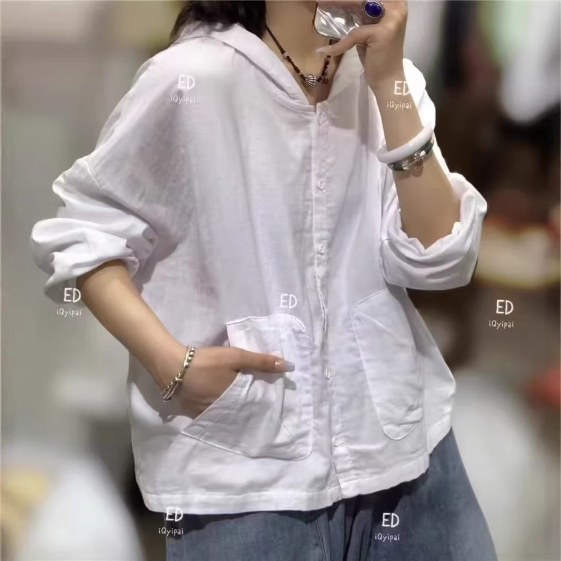 2026 Spring/Summer Korean Style Simple Loose Retro Double Layer Gauze Large Pocket Solid Color Shirt Cardigan Hooded Hoodie 2026 Spring/Summer Korean Style Simple Loose Retro Double Layer Gauze Large Pocket Solid Color Shirt Cardigan Hooded Hoodie