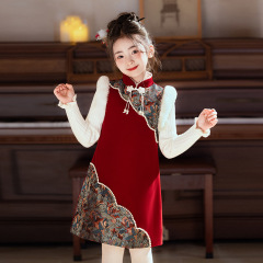 女の子のベルベットのワンピース冬の保温スーツの子供服のチャイナドレスの子供の漢服の新しい中国式のお姫様のスカート