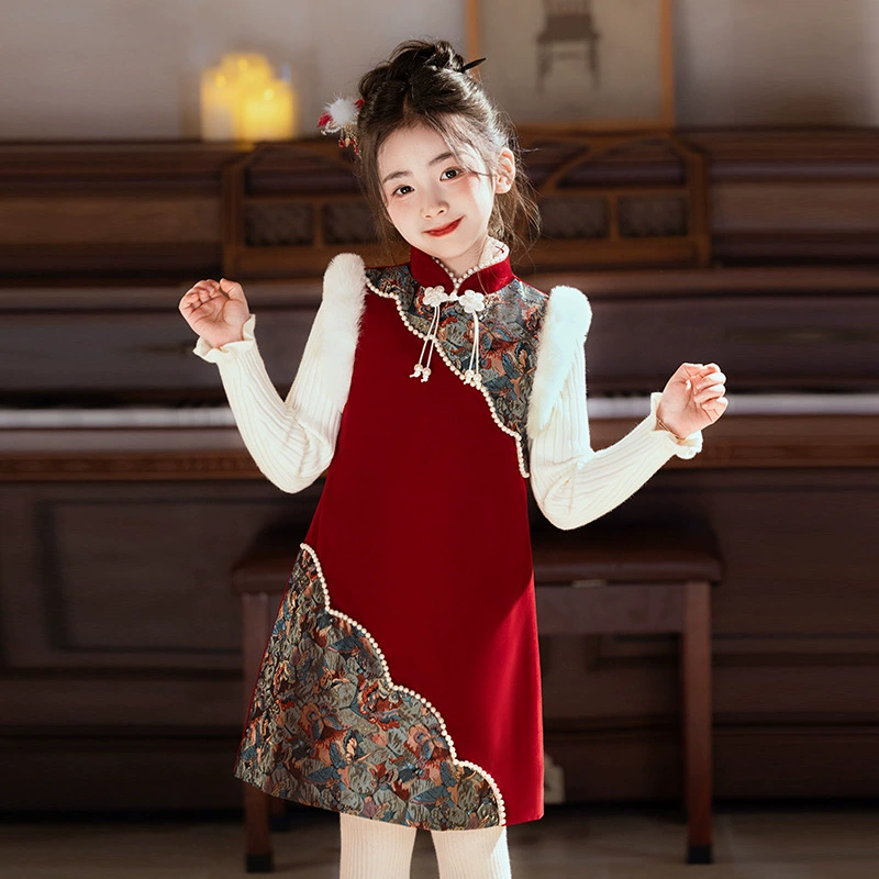 Для девочек бархатное платье Зимний теплый набор Малый и средний детский чонсам детский костюм новый китайский костюм принцессы юбки