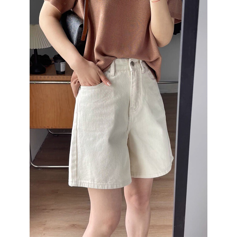Off-White Denim Shorts for Women, Summer Thin Plus-Size High-Waisted Loose Slimming Straight Wide-Leg Knee-Length Shorts