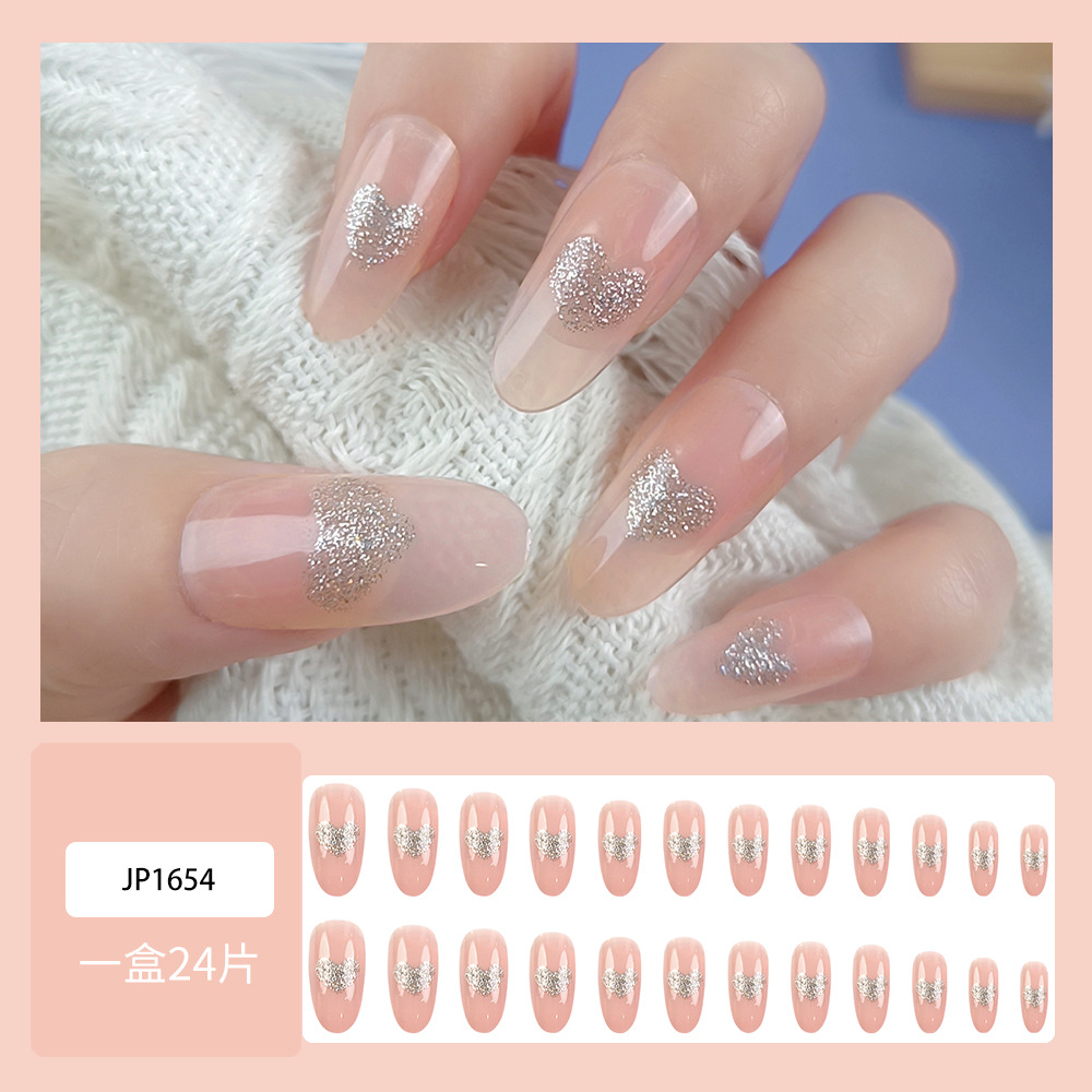 Desnudo polvo de plata brillante amor manicure, uñas de cabeza redonda, suave y dulce viento para usar uñas largas, 24 piezas de parche de uñas falsas