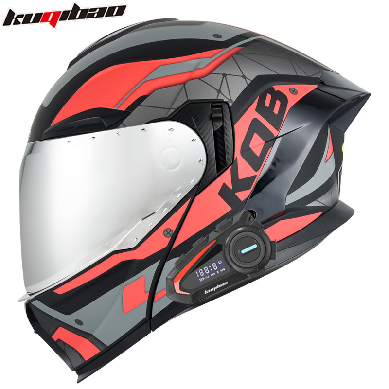 Certified Full Helmet, Universal Motosiklet kaskı (dəbilqə) - matte-black-guardian-red-flower-with-k20-bluetooth-silver-lens-m