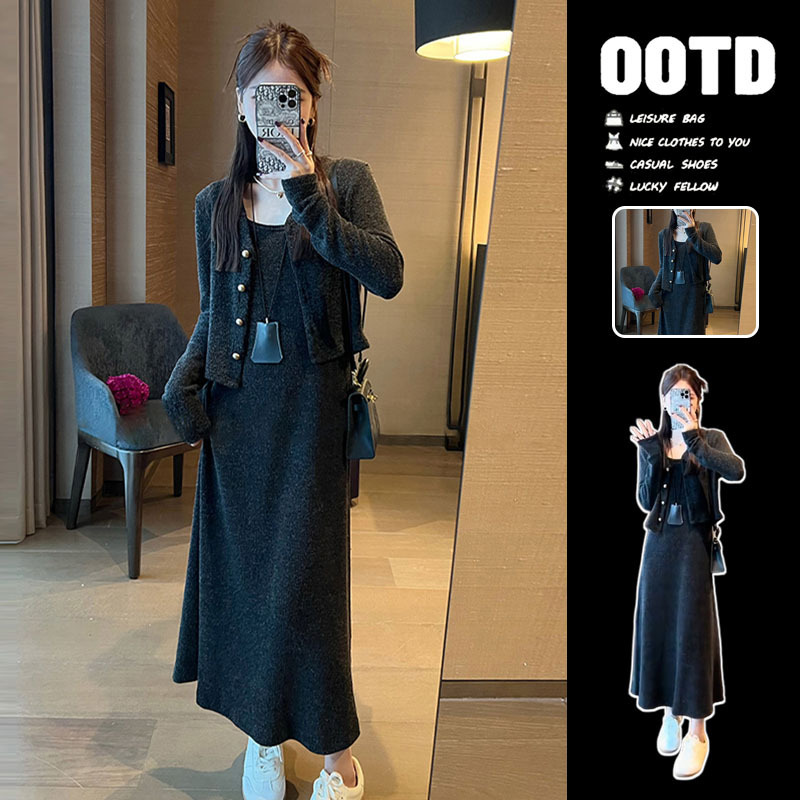 Korean Style Atmospheric Little Person Wear Black Vest Dress Long Skirt 2025 Early Spring New Women's Suit