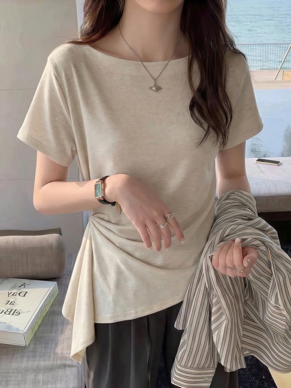 Áo thun nữ cổ tròn tay ngắn thiết kế thắt eo Hàn Quốc — màu đen
