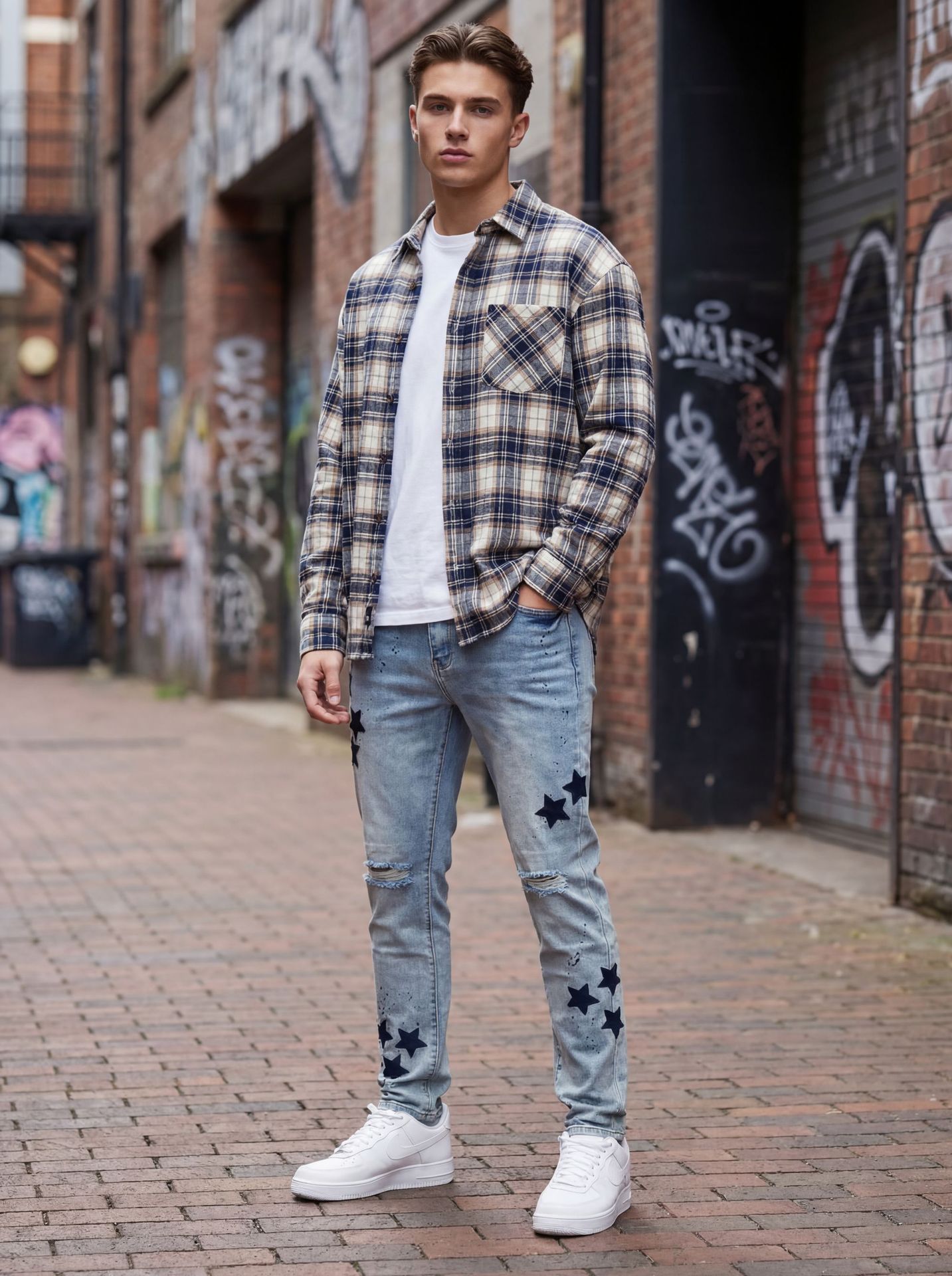 Men's Slim Fit Straight Leg Jeans Star Appliqué Embroidery Splatter Paint Ripped High Street Style Heavy Duty Trendy Brand_mkmklike.com