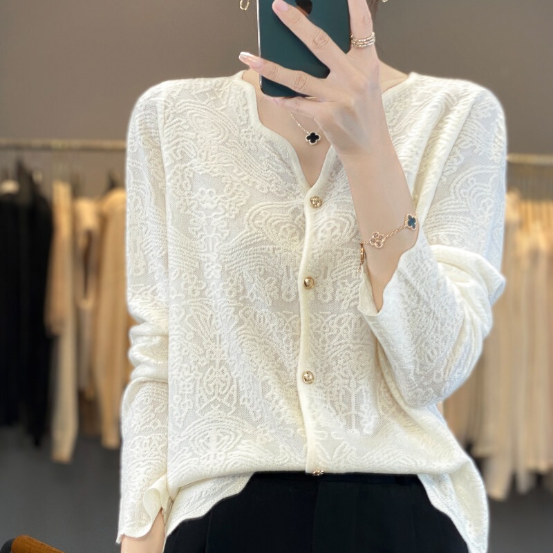 New Style Worsted 16-stitch Heavy Industry Yujie Wool Cardigan Women's Elegant Base Sweater Organza V-neck plus size Knitted