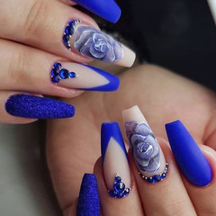 Cross-border blue flower frosted French manicure wearable nails wearable nail stickers Europe and America wholesale 
