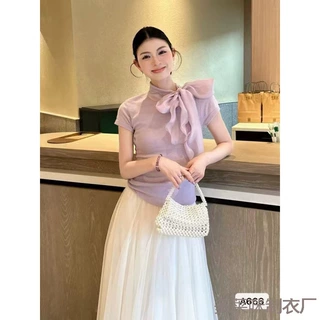 法式温柔风蝴蝶结绑带气质针织衫女夏设计高级感洋气时尚短袖上衣