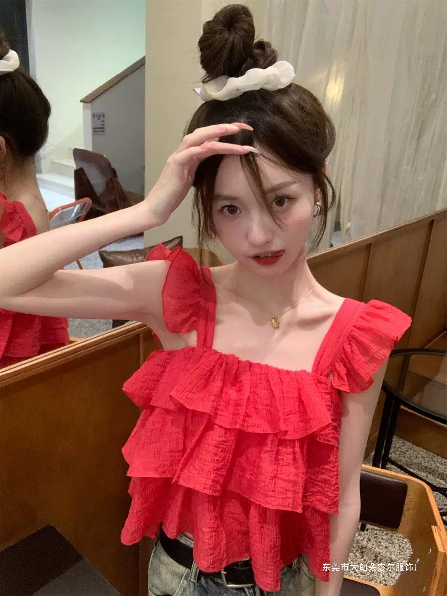 夏季外穿甜辣妹设计感小飞袖无袖短款上衣法式甜美荷叶边吊带背心