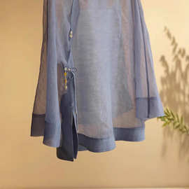 工厂新中式轻国风女装微透灰蓝色交襟防晒衬衫洋气减龄小香风上衣