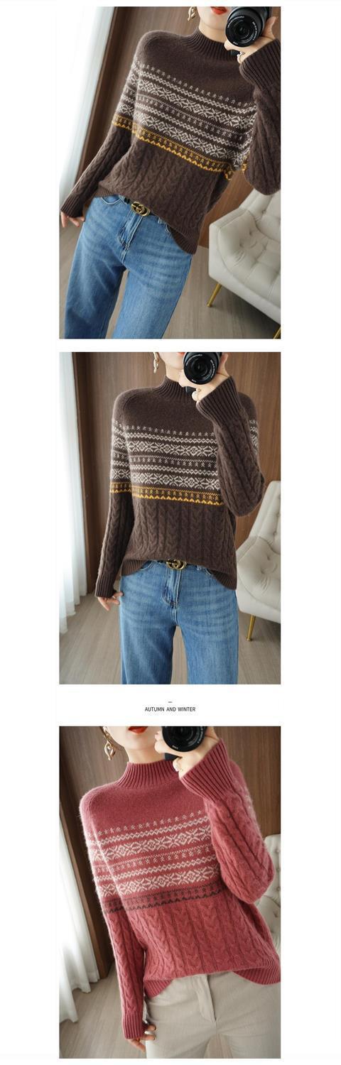 【 Cashmere Family】 Maglione spesso lavorato a maglia da donna, con cappuccio, collo alto e corto, a righe, interno_voghion.com