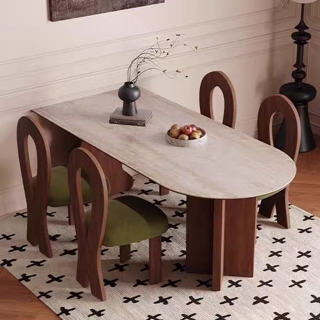 French simple solid wood dining table and chair set, home dining room, rockboard designer, wabi-sabi style, half elliptical island dining table