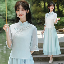 好质量中式国风夏季棉麻半袖绣花立领修身复古茶服上衣雪纺裙套装