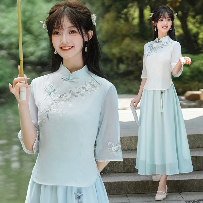 好质量中式国风夏季棉麻半袖绣花立领修身复古茶服上衣雪纺裙套装|undefined
