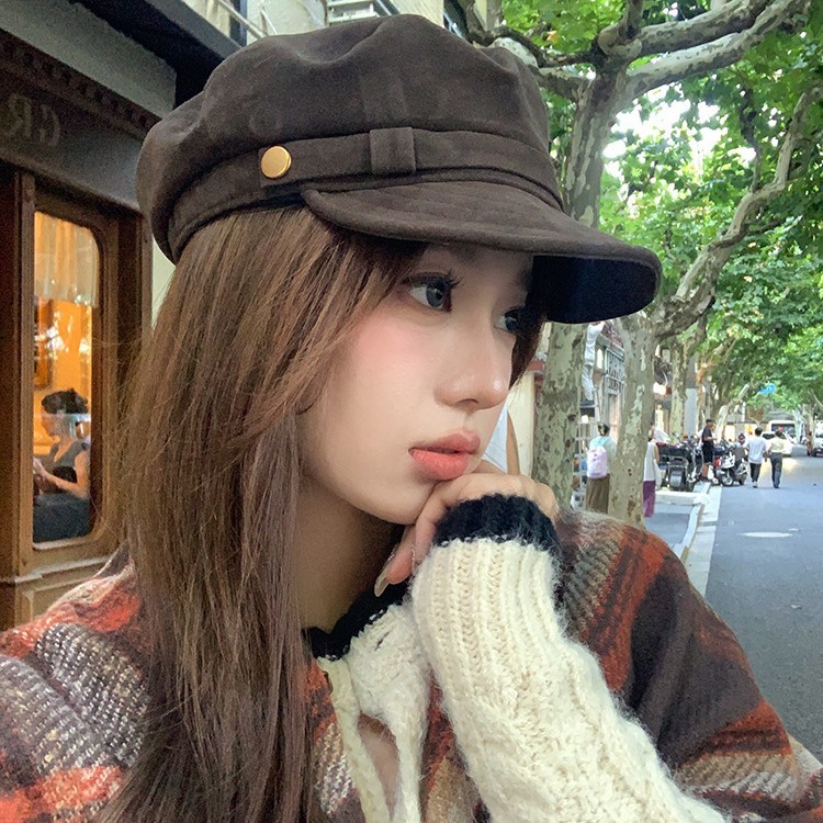 秋天氛围感美拉德风贝雷帽女棕色麂皮绒报童帽复古英伦八角画家帽|undefined