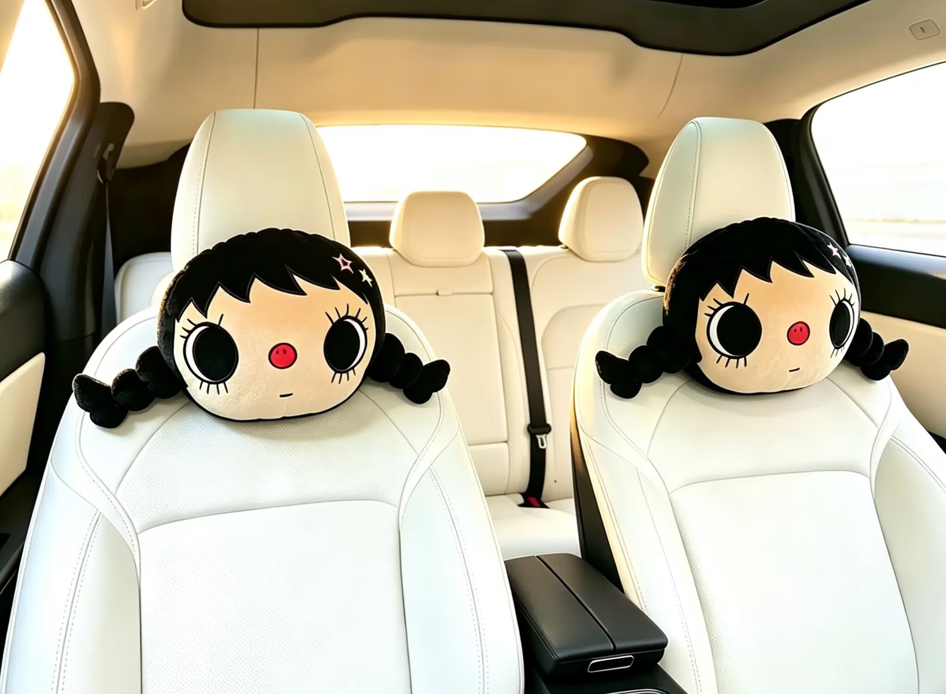 Trendy Big-Eyed Doll Car Headrest, Black Braided Girl Plush Neck Pillow, Internet Celebrity Style Throw Pillow