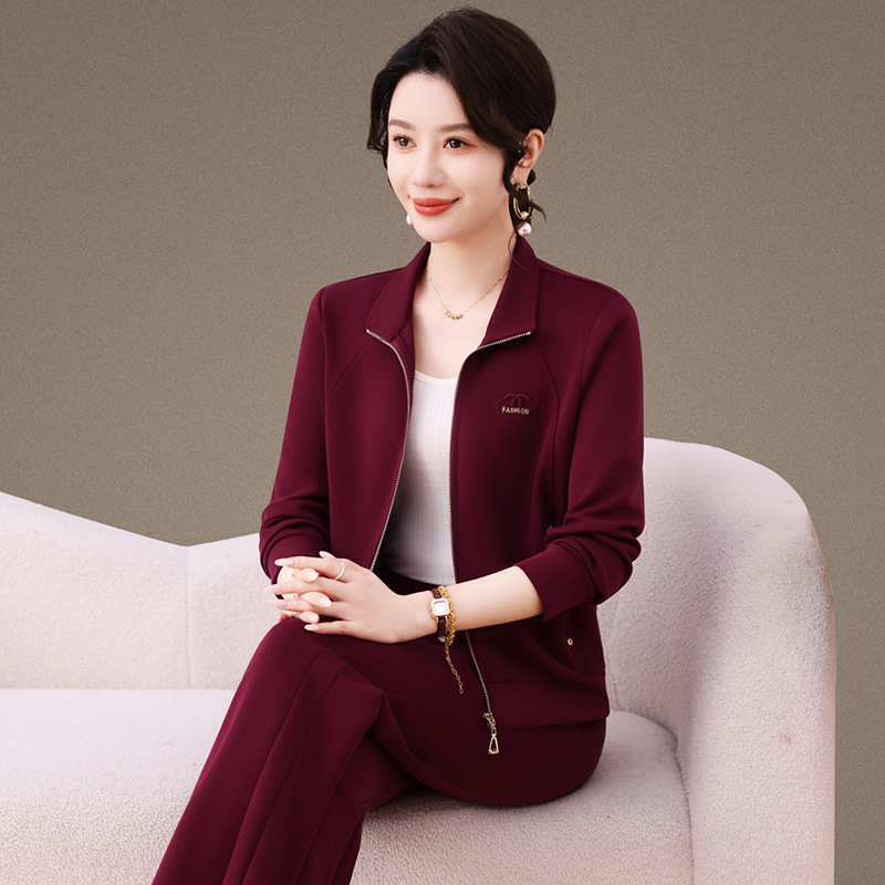 2025年秋季新款时尚休闲运动套装女春秋新款中年妈妈装立领两件套|undefined
