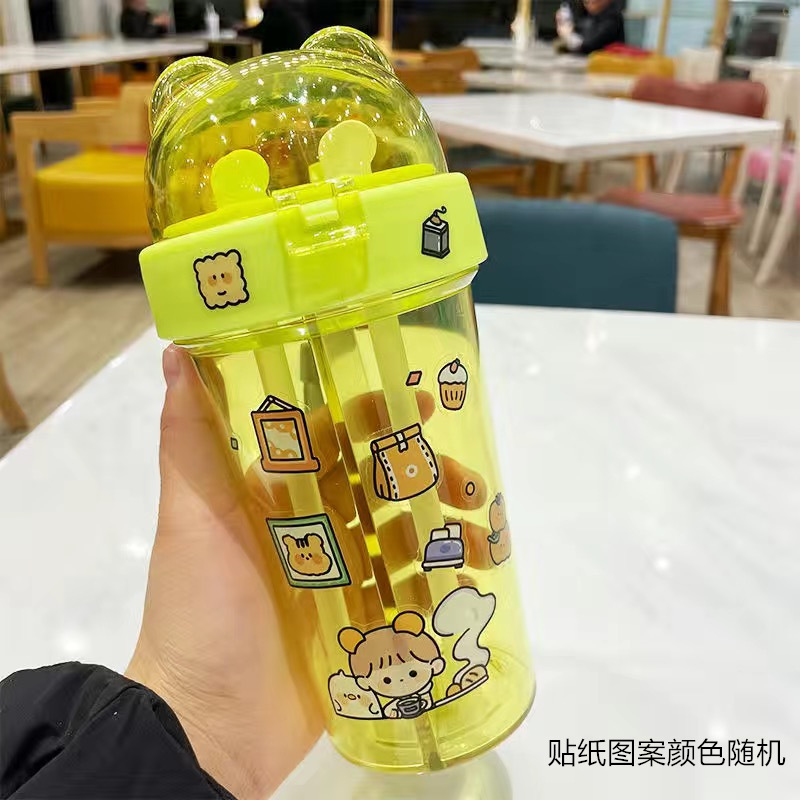 Vaso portátil infantil con doble compartimento – Diseño creativo con pajilla, plástico resistente para estudiantes