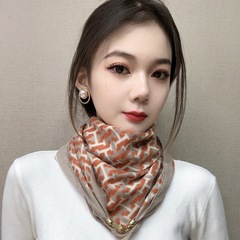新款春秋時尚百搭女士印花復古圍巾女磁吸扣氣質棉質圍脖方巾絲巾