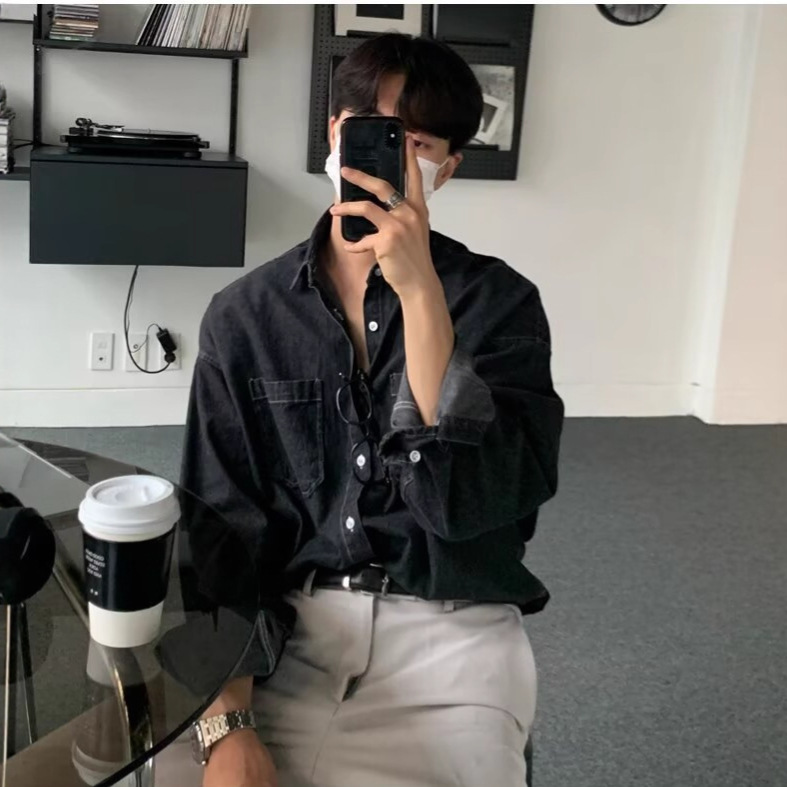 纯棉牛仔工作服衬衫男薄款长袖防晒衣工地电焊工防烫耐磨上衣外套