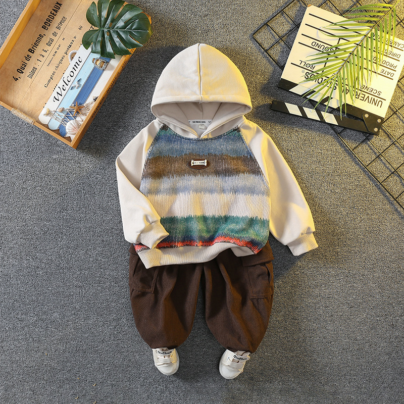 6095 Traje casual para niños Primavera y otoño 2024 Nuevo suéter con capucha para niños Traje de dos piezas de moda de otoño para bebés