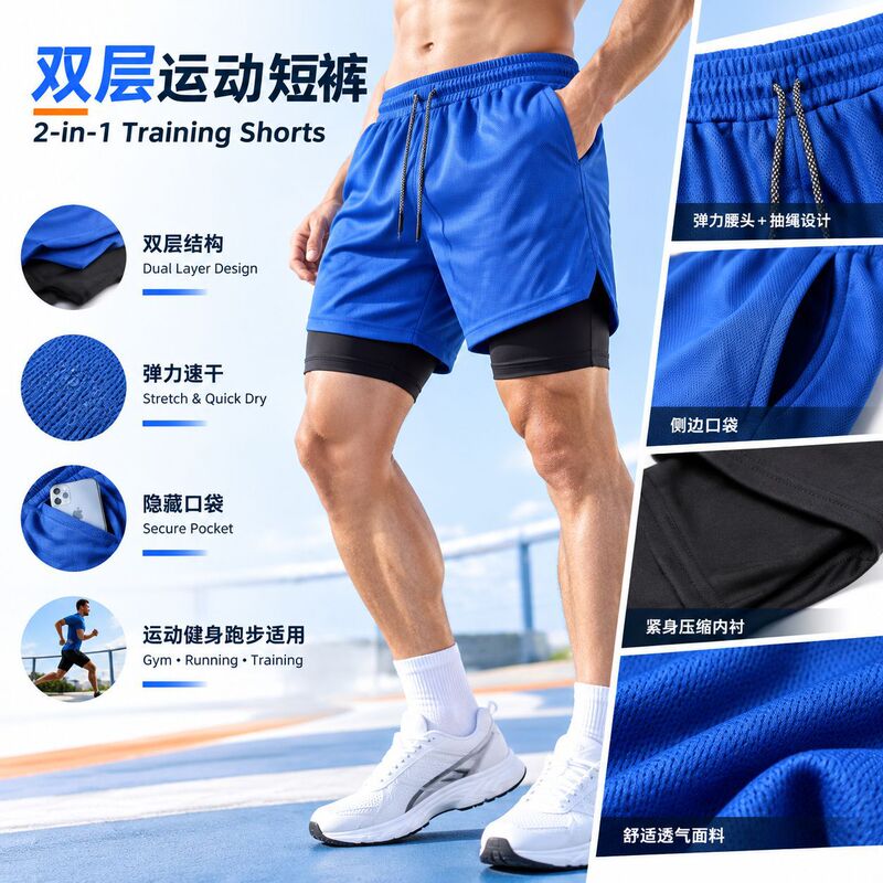 European and American style double-layer men's sports shorts, summer breathable, quick-drying, trendy, wrinkle-free, fitness men's double-layer sports shorts European and American style double-layer men's sports shorts, summer breathable, quick-drying, trendy, wrinkle-free, fitness men's double-layer sports shorts