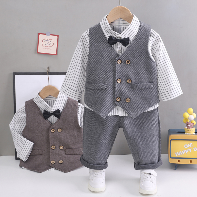 Little Boy's Handsome Suit, Vest, and Long Shirt Three-Piece Set 2023 Spring and Autumn New Style Children's Short-Sleeved Korean Style Clothes