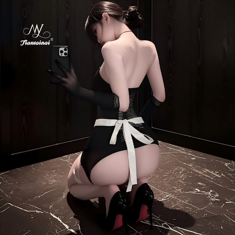 Sexy lingerie with open chest, maid mesh uniform set, see-through, open crotch, alluring, no need to remove, flirtatious and sensual lingerie