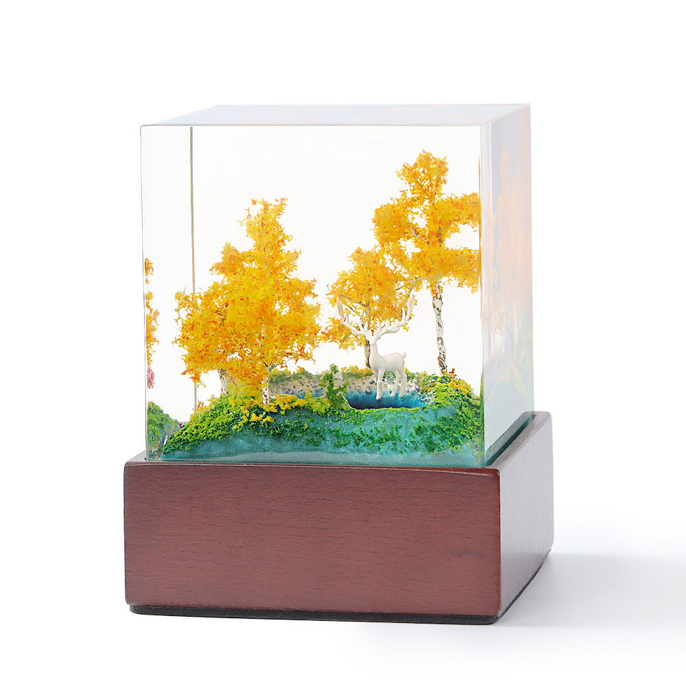 New Autumn Micro Landscape Fawn Glue Drops Handmade Cube Ornaments Office Bedroom Desktop Decoration Gift
