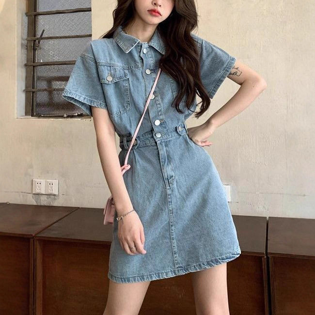 Đầm denim nữ tay ngắn cổ polo dáng chữ A chiết eo phong cách thanh lịch — Màu be, Màu hồng