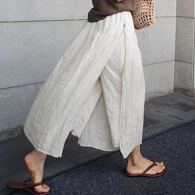 Linen large slit culottes one-piece women's spring and summer loose plus size casual cropped pants fake two-piece cotton linen wide-leg pants skirt