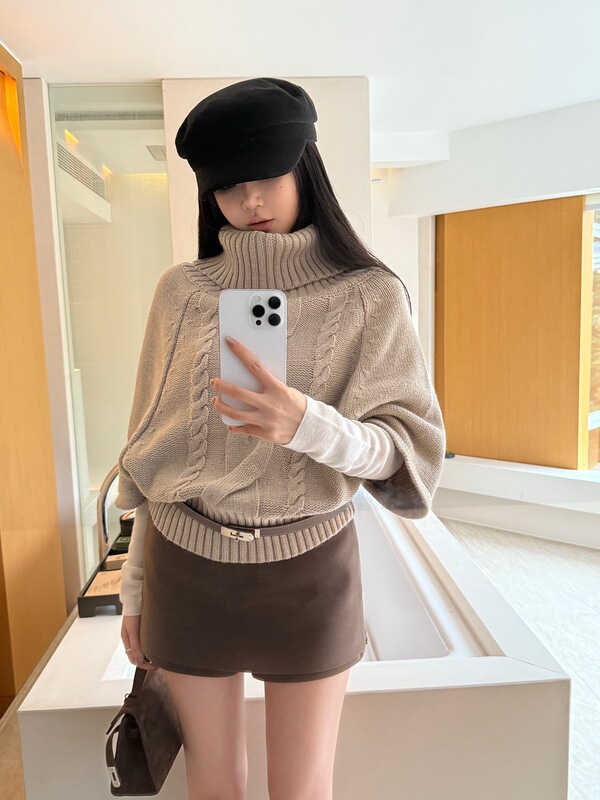 [Arctic Velvet Wash] Lazy High-Neck Sweater for Women, New Autumn Style, Petite Fit, Loose Cable Knit Top