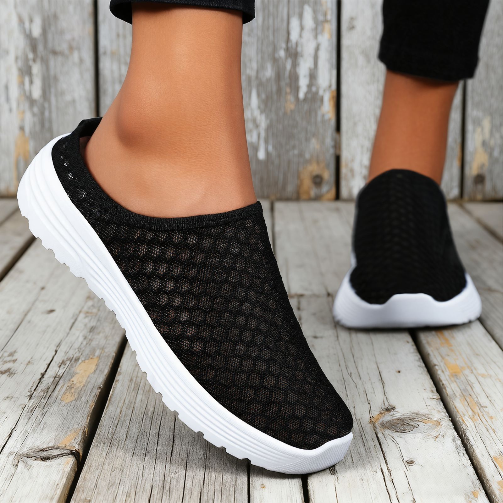 Zapatos de mujer, sandalias transpirables de talla grande con media correa y diseño hueco, zapatillas de malla sin cordones, calzado casual ligero y versátil para mujer image 3