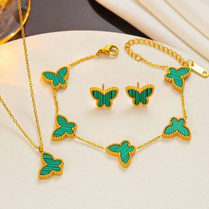 Butterfly Double-Sided Lucky Flower Bracelet Necklace Earrings Set 18K Gold Plated Stainless Steel detail image 7