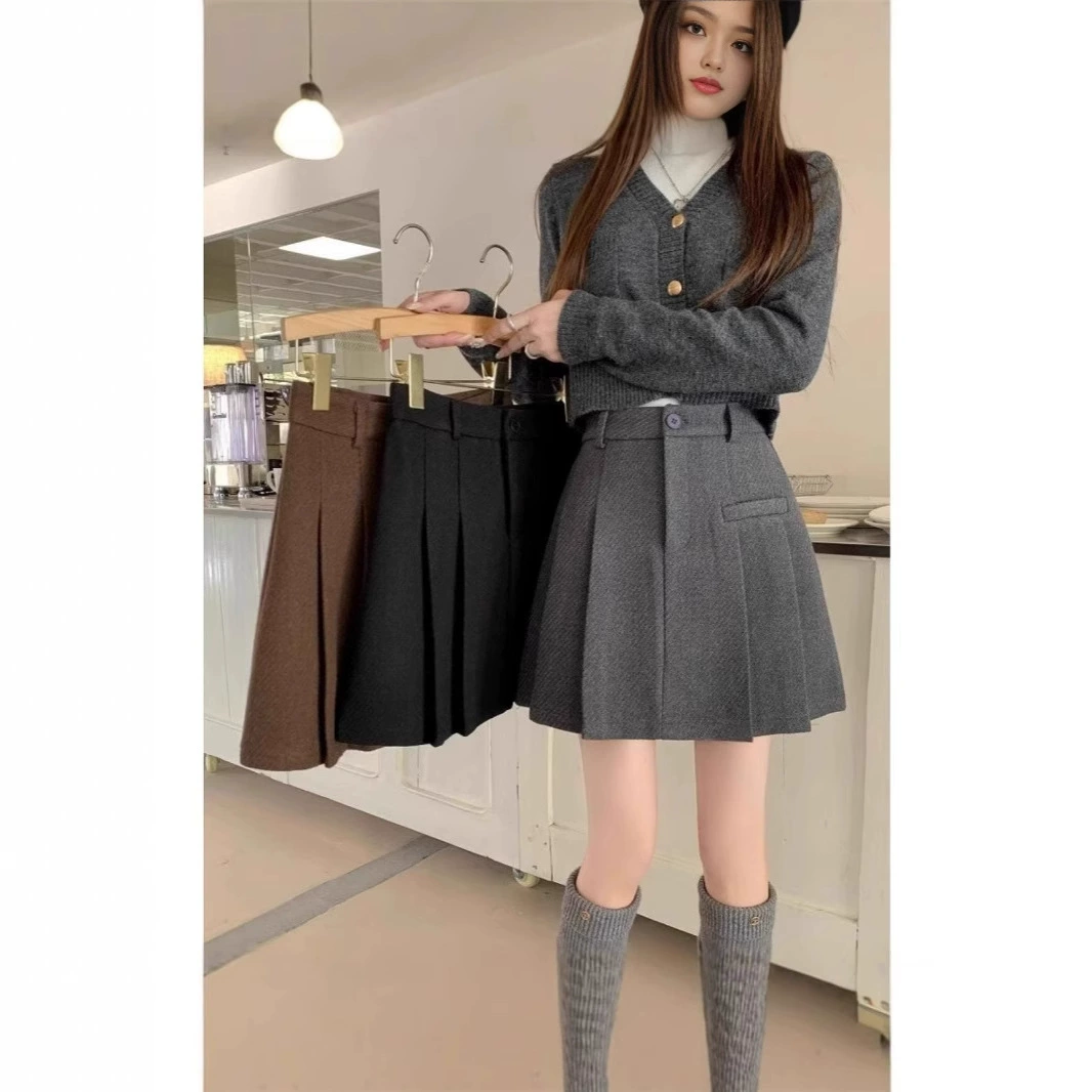 2024 новая толстая шерстяная плиссированная юбка женский осенний и зимний большой размер с высокой талией тонкая юбка