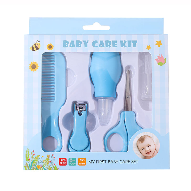 Juego de limpieza para bebés transfronterizo, aspirador nasal para bebés, cepillo de dientes para dedos, tijeras de seguridad, cortaúñas, peine pequeño, juego de 5 piezas