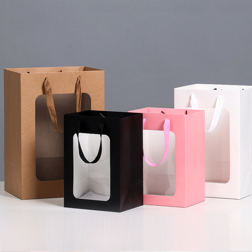 Transparent Window Gift Bag for Teacher's Day Promotional Paper Bag with Fresh Flowers Gift Bag Packaging, Handout Gift, Retail Display Handbag