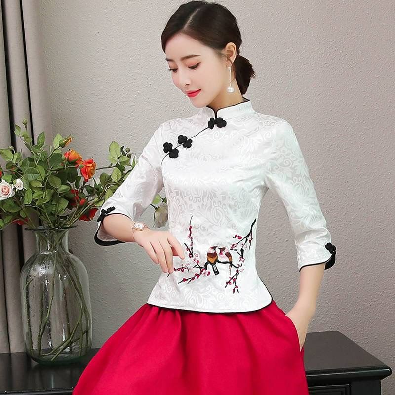 Retro Slim Cheongsam Top Summer New Chinese Ethnic Style Mid-Length Sleeve Top Large Size Tang Suit