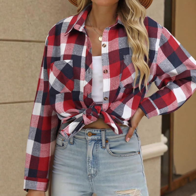 26 New Spring Flannel Long Plaid Shirt Women's Casual Top Cardigan Cross-Border College Style