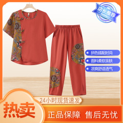 ママの夏服、中高年女性のエスニック風綿麻トップス、高齢者向けツーピースセット、おばあちゃんの夏
