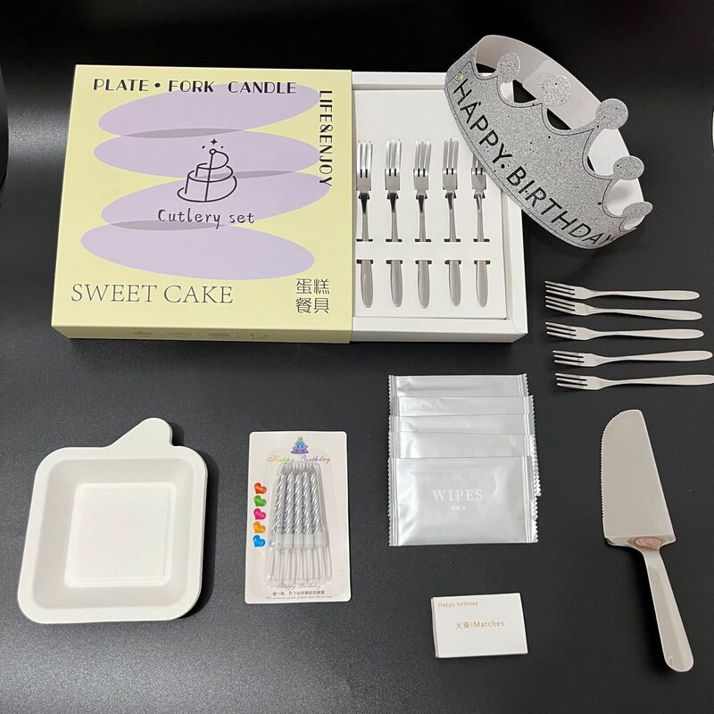 Wholesale disposable stainless steel birthday cake knife and fork plate suit high-grade seven-in-one square combination pulp plate