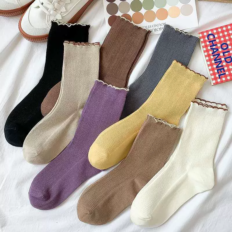 袜子女韩版中筒秋冬木耳边堆堆袜ins潮日系可爱jk学生女花边长筒