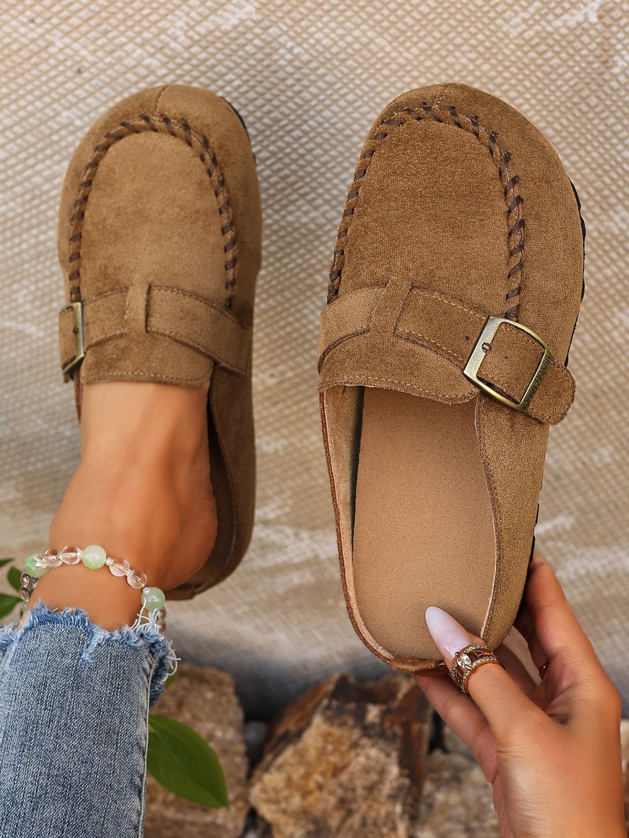 Women's Fleece Lined Bread Toe Slippers Spring Style Thick Sole Retro Buckle Birken Inspired Slippers Size 43_vogvips.com