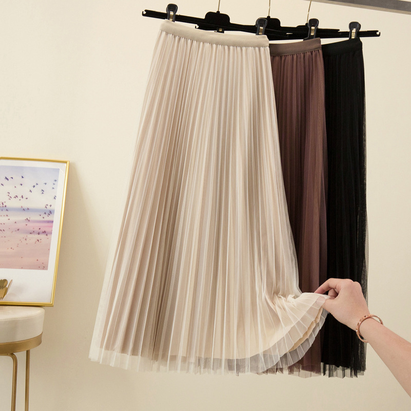 Spring and Autumn New Super Fairy Mesh Skirt Women's High Waist A- Shaped Hip Covering Mid-Length Pleated Skirt Black Veil Skirt Winter Skirt