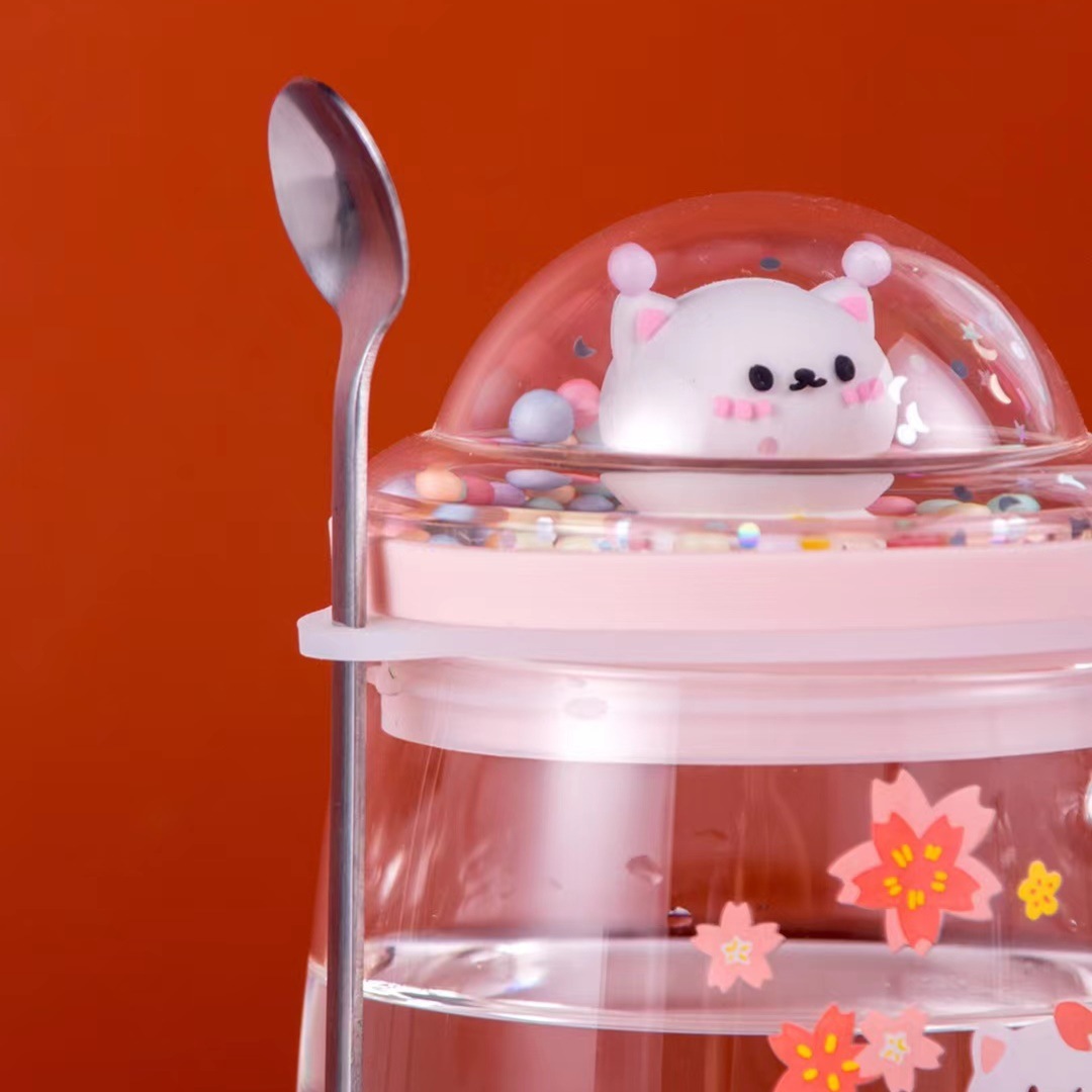Creativo lindo cristal transparente paisaje conejo gato dibujos animados personalidad taza con tapa cuchara lindo beber taza leche taza de té