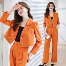 2023年秋冬季新款橙色短款长袖小西装领外套女裤子长裙两件套装潮